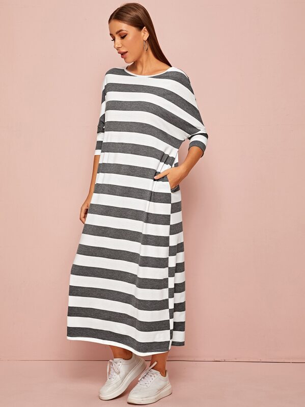 

Dolman Sleeve Pocket Side Striped Jersey Dress, Grey, Hanna