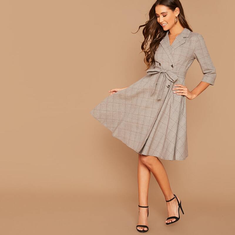 

Notched Collar Double Breasted Plaid Dress With Belt, Brown
