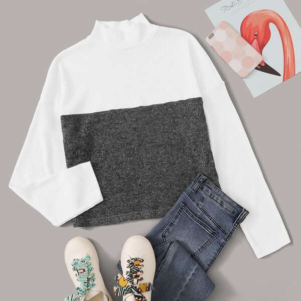 

Drop Shoulder Marled Panel Two Tone Tee, Multicolor