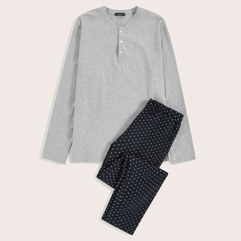 

Guys Button Front Top & All Over Print Pants PJ Set, Multicolor