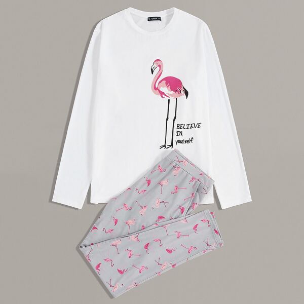 

Men Flamingo and Slogan Graphic Tee and Pants PJ Set, Multicolor