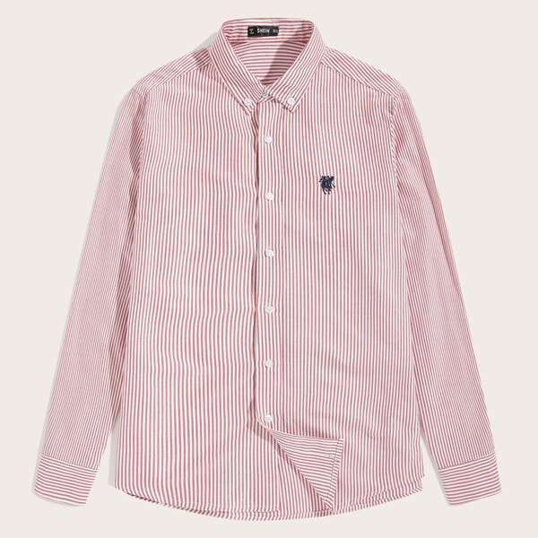 

Men Button Front Embroidered Striped Shirt, Red