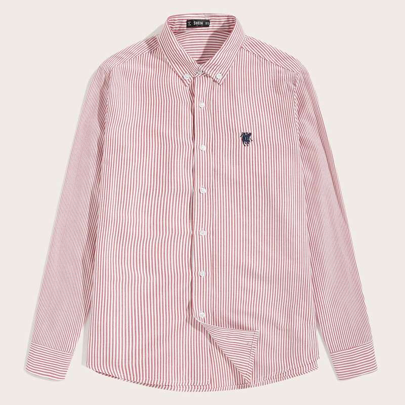 

Guys Button Front Embroidered Striped Shirt, Red