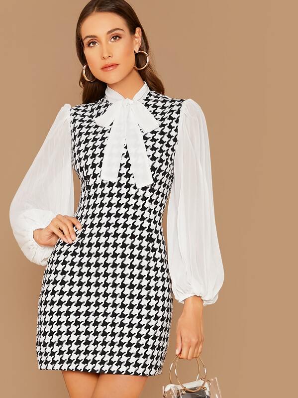 

Tie Neck Pleated Lantern Sleeve Houndstooth Dress, Black and white, Anna Herrin
