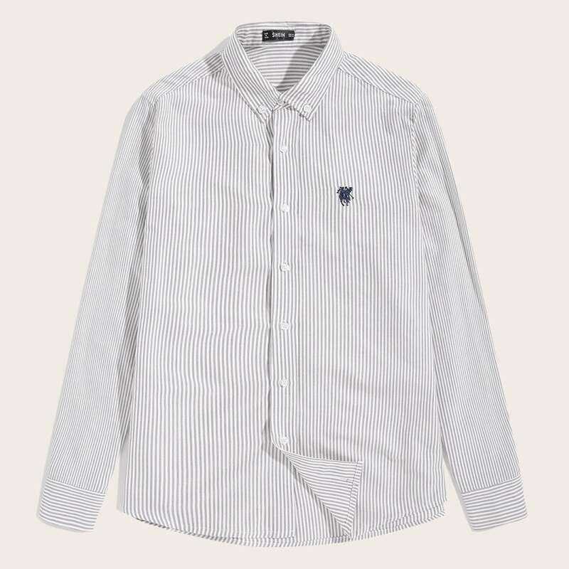 

Guys Embroidered Detail Striped Shirt, Grey