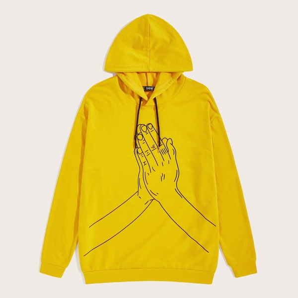 

Men Hand Print Drawstring Hoodie, Yellow bright