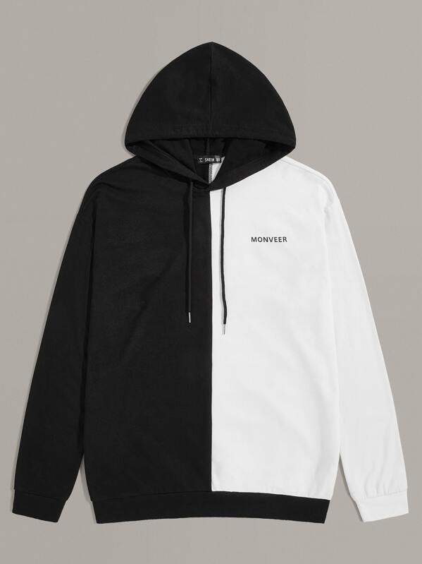 

Men Two Tone Letter Graphic Hoodie, Black and white