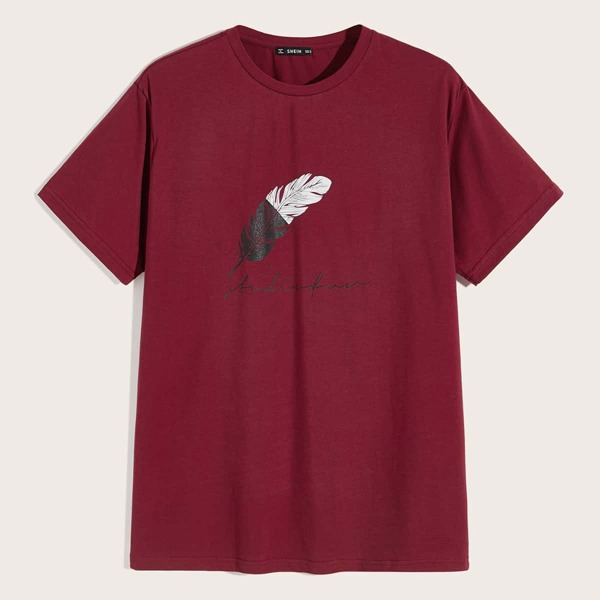 

Men Feather and Letter Graphic Tee, Burgundy