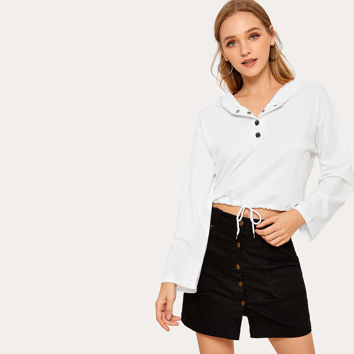 

Solid Drawstring Hem Crop Hoodie, White