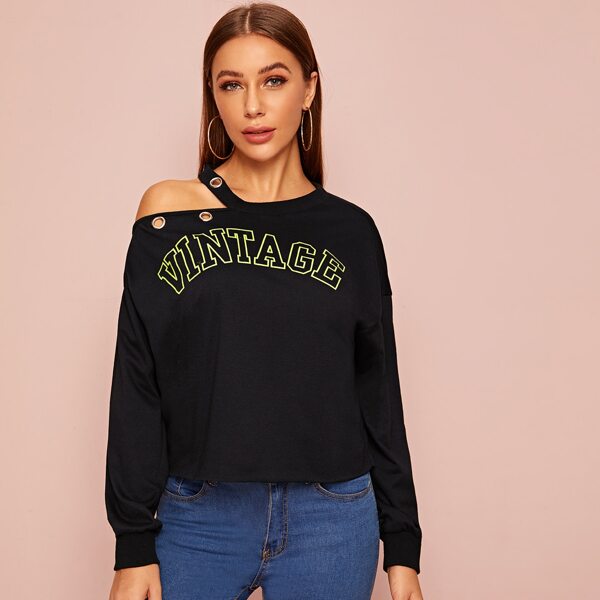 

Asymmetrical Neck Letter Graphic Pullover, Black