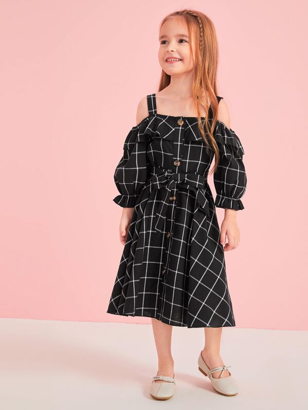

Toddler Girls Grid Plaid Ruffle Trim Belted Shirt Dress, Black, Sofia B