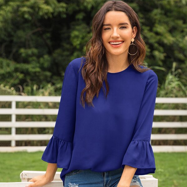 

Flounce Sleeve High Low Blouse, Navy