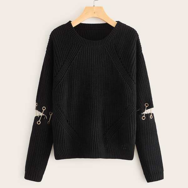 

Grommet And Chain Decoration Slit Hem Sweater