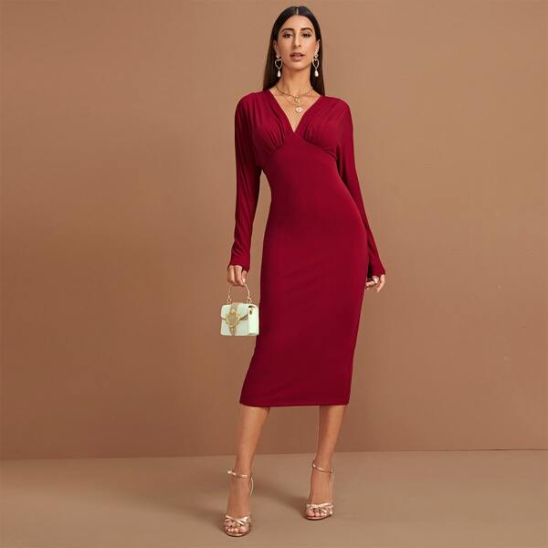 Zip Back Batwing Sleeve Bustier Pencil Dress, Burgundy