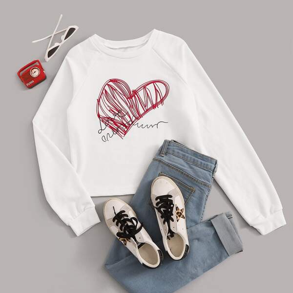 

Letter And Heart Print Raglan Sleeve Sweatshirt, White