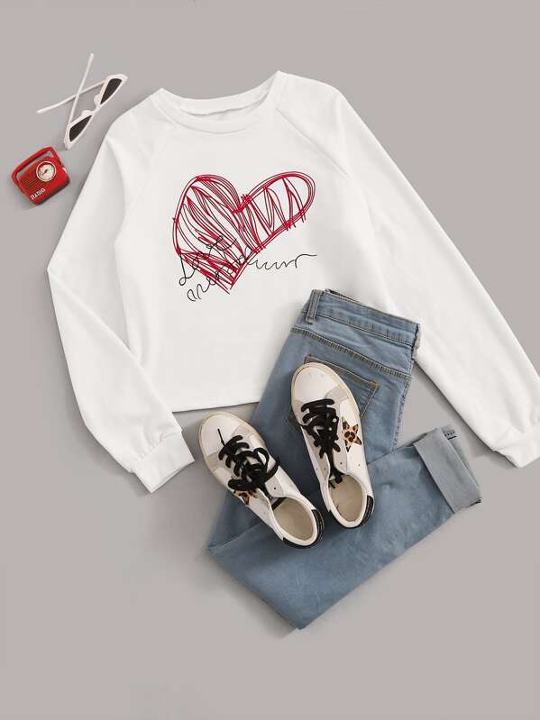 

Letter And Heart Print Raglan Sleeve Sweatshirt, White