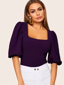 SHEIN Privé Square Neck Puff Sleeve Top - Purple - View 4