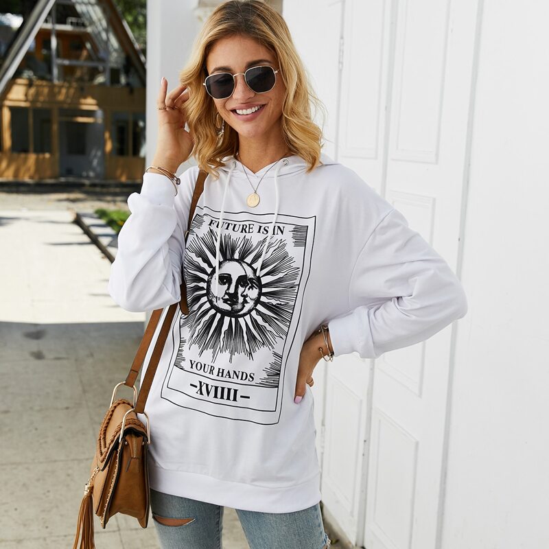 

Sun & Letter Graphic Drawstring Hoodie, White
