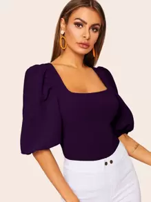 SHEIN Privé Square Neck Puff Sleeve Top - Purple - View 5