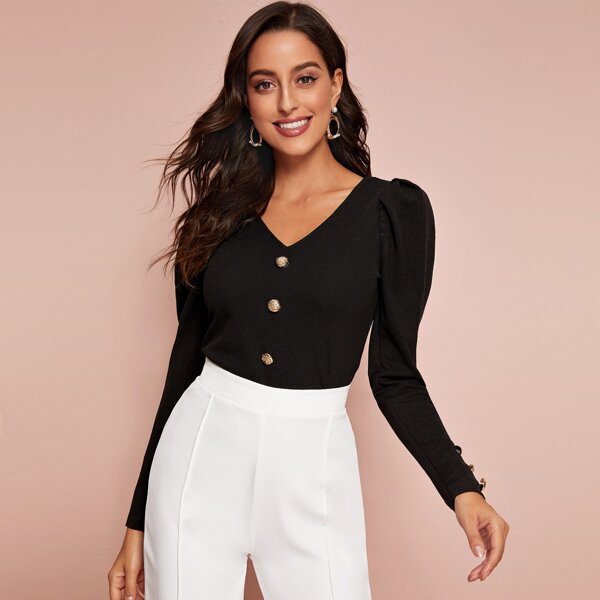 

Button Detail Puff Sleeve Tee, Black