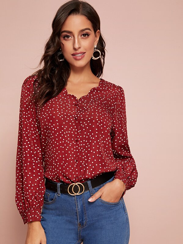 

V-neck Lantern Sleeve Dot Print Blouse, Red, Mary P.