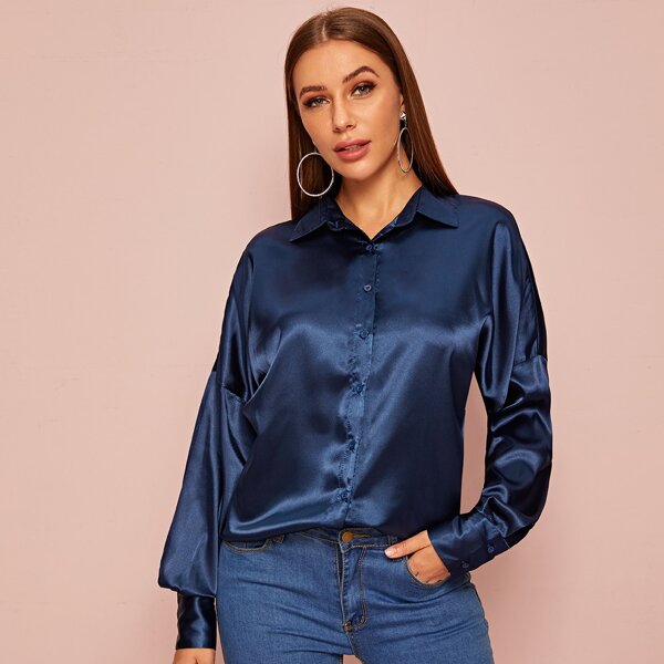 

Drop Shoulder Satin Shirt, Navy
