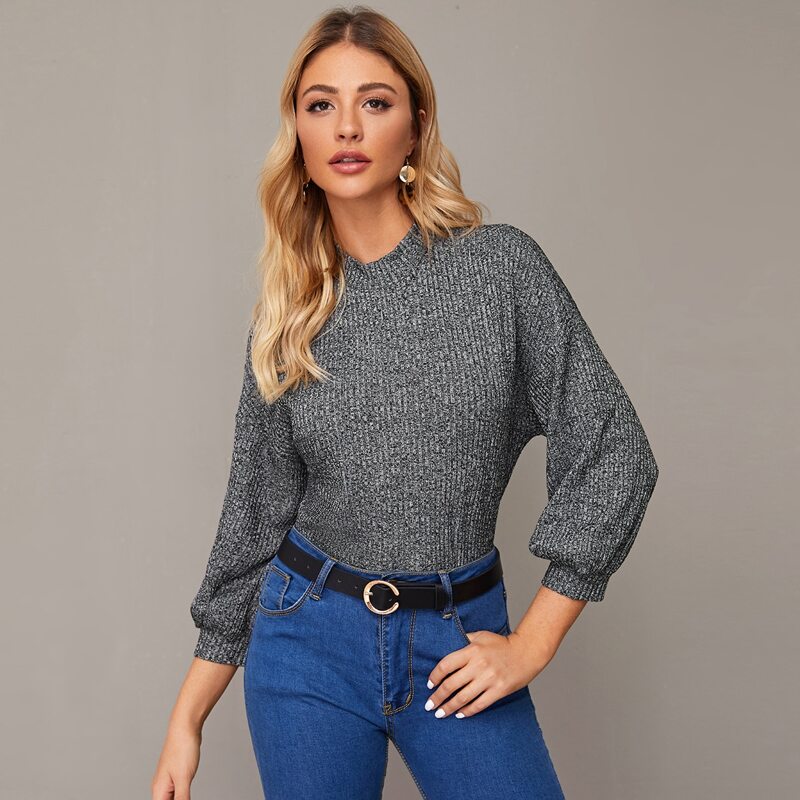 

Mock Neck Marled Top, Grey
