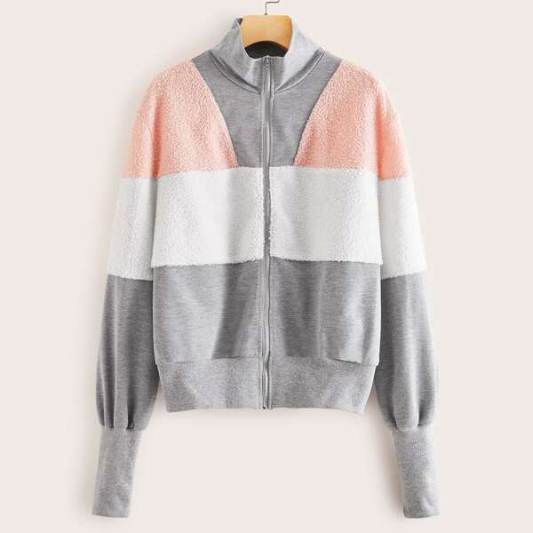 

Lantern Sleeve Contrast Teddy Zipper Up Jacket, Multicolor