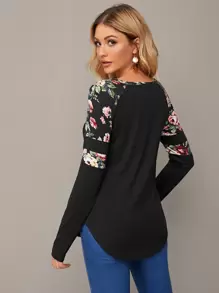 SHEIN LUNE Floral Print Raglan Sleeve Curved Hem Tee - Black - View 2