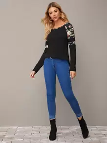 SHEIN LUNE Floral Print Raglan Sleeve Curved Hem Tee - Black - View 3