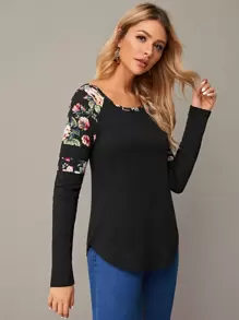 SHEIN LUNE Floral Print Raglan Sleeve Curved Hem Tee - Black - View 5