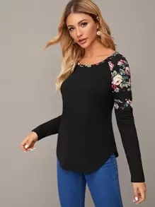 SHEIN LUNE Floral Print Raglan Sleeve Curved Hem Tee - Black - View 1