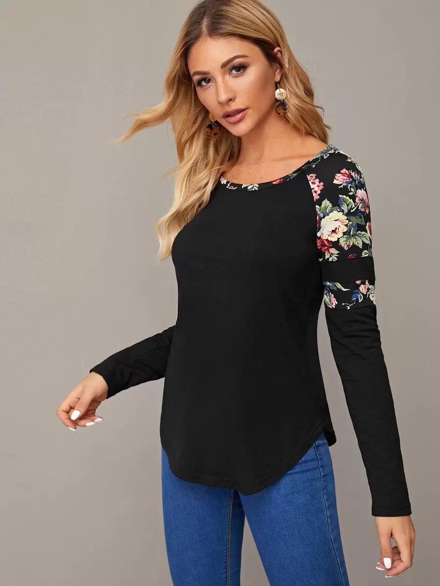 SHEIN LUNE Floral Print Raglan Sleeve Curved Hem Tee - Black - View 1