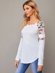 SHEIN LUNE Botanical Print Raglan Sleeve Curved Hem Tee - White - View 4