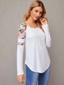 SHEIN LUNE Botanical Print Raglan Sleeve Curved Hem Tee - White - View 5