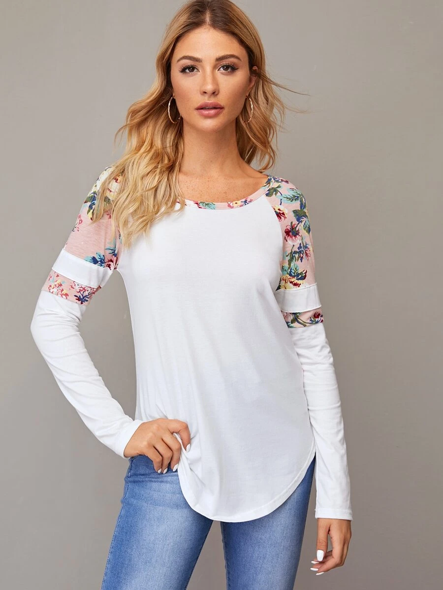 SHEIN LUNE Botanical Print Raglan Sleeve Curved Hem Tee - White - View 1