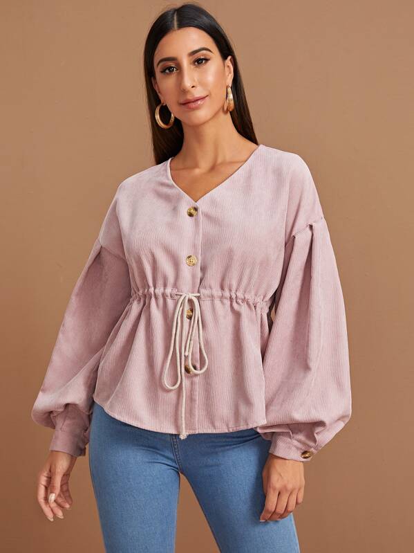

Buttoned Drawstring Waist Lantern Sleeve Cord Blouse, Pink, Gabe