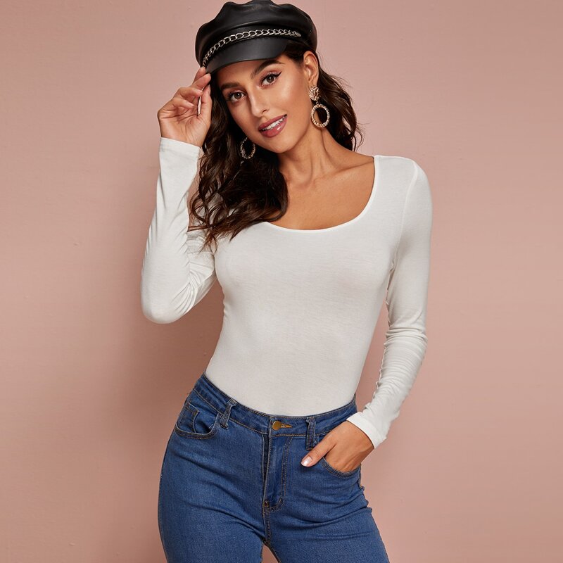 

Solid Scoop Neck Top, White