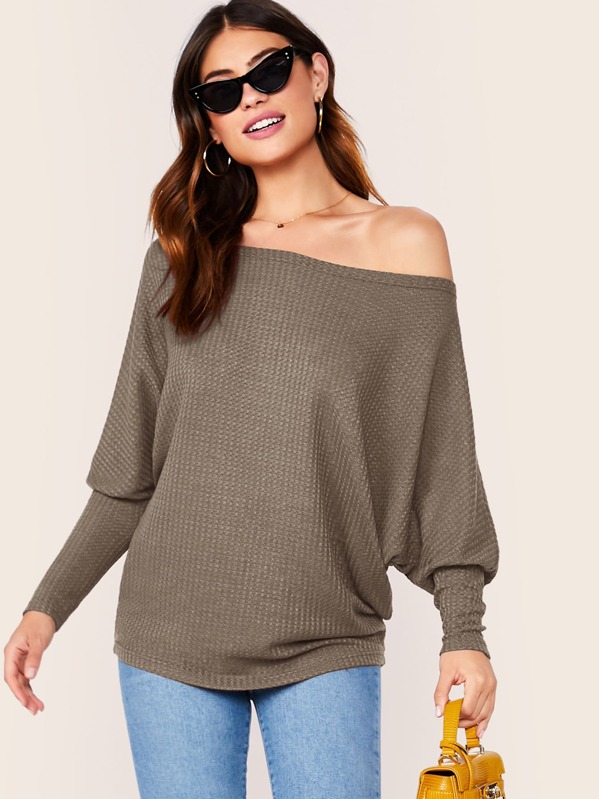 

Asymmetrical Neck Dolman Sleeve Textured Top, Camel, Carmen S