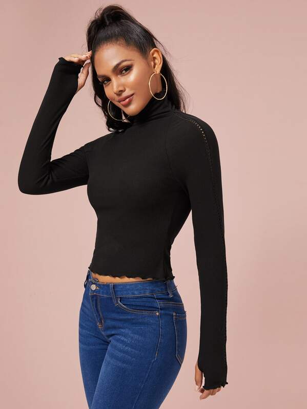 

High Neck Lettuce Trim Eyelet Sleeve Top, Black, Tina
