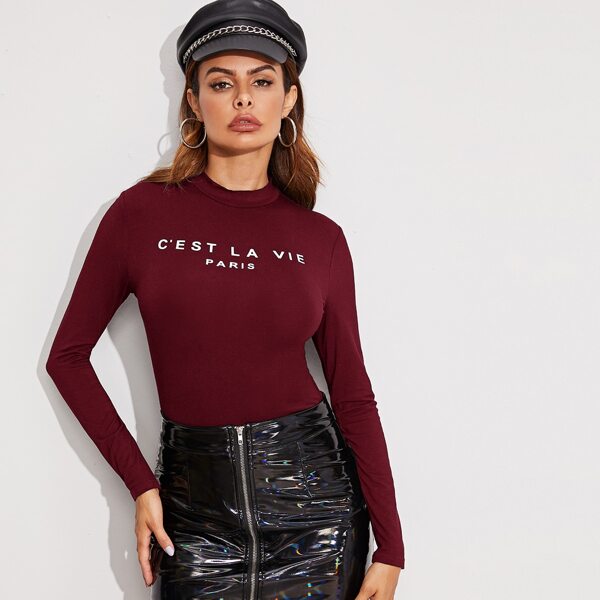 

Mock Neck Slogan Graphic Tee, Burgundy