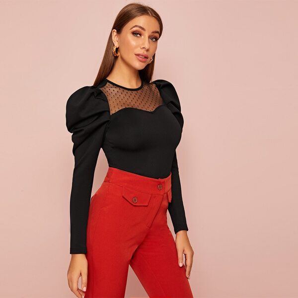 

Mesh Insert Gigot Sleeve Top, Black