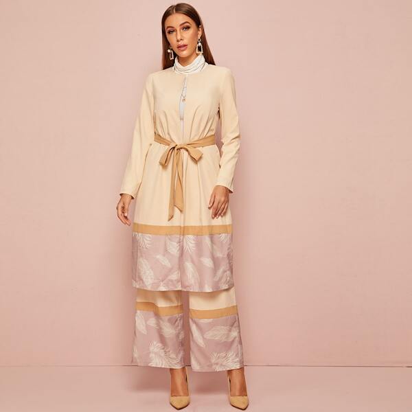 

Feather Print Self Belted Coat & Palazzo Pants Set, Beige