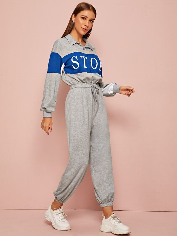 

Letter Graphic Colorblock Drawstring Waist Sweat Jumpsuit, Grey, Hanna