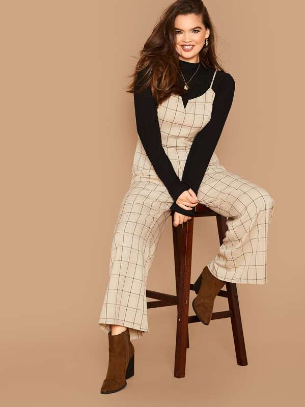

Plus Wide Leg Plaid Jumpsuit Without Top, Khaki, Faith Bowman