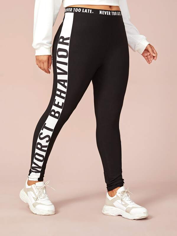 

Plus Slogan Graphic Striped Side Leggings, Black, Ruiz Brianna