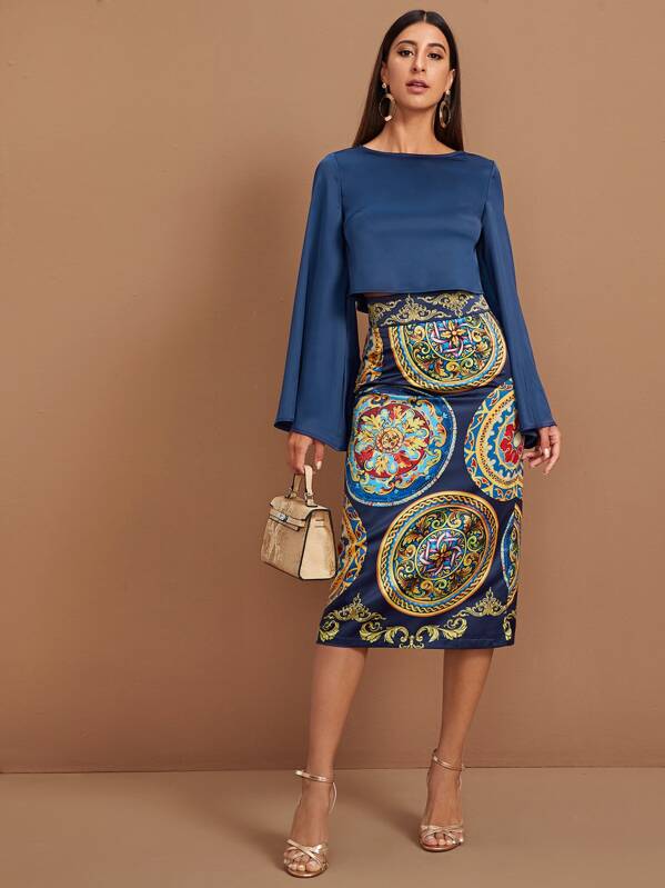 

Solid Bell Sleeve Top & Tribal Print Satin Skirt Set, Multicolor, Gabe
