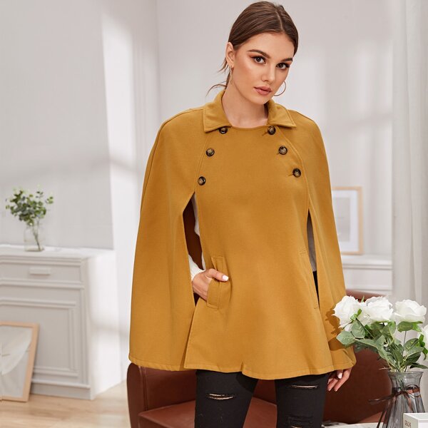 

Double Breasted Solid Cape Coat, Camel
