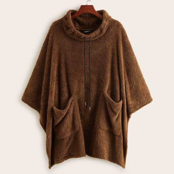 

Funnel Neck Pocket Side Teddy Cape Coat, Brown