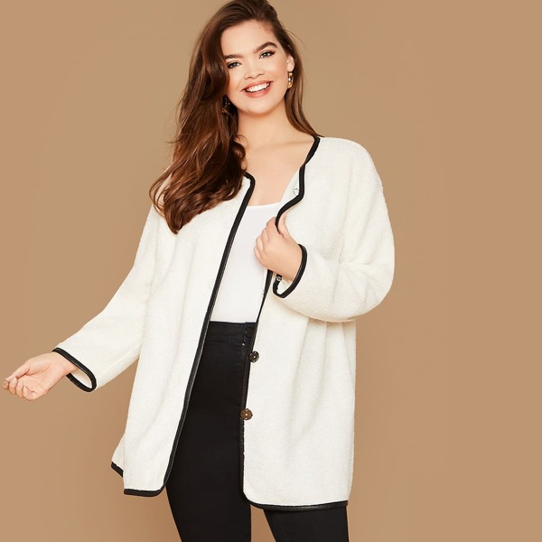 

Plus Contrast Binding Teddy Coat, White
